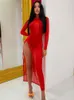 Casual Dresses Women O-neck Long Sleeve Hollow Out Bodycon High Slit Dress Streetwear Sexy See Through Mesh Evening Party Club Red