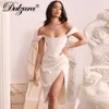 Casual Dresses Dulzura 2021 Summer Women Pure Satin Corset Midi Dress Off Shoulder High Slit Ruched Bodycon Sexy Elegant Party Solid Clothes T230210