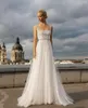 Wedding Dress Boho A-Line Square Collar Tank Lace Appliques Backless Button Sleeveless Floor Length Sweep Train Bride Gown