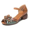 Sandaler Yourseason 2023 Hoof Heels Peep Toe Vintage Kvinnor Bekväma damer Soft Sole Floral Outside Shoes äkta läder