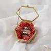 Smycken påsar väskor mässing klar glas skattlåda guld förlovningsring bärare vackra bröllop band rustik hållare vitrosa blommor boxj
