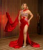 Red Plus Size Mermaid Prom Dresses Sexy Crystal Beading Tailor Made Evening Gowns High Thigh Split Robe De Mariee