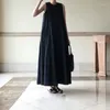 Abbigliamento etnico Donna Nero Stile coreano Moda Abito lungo Abito casual ampio Abito Lady Elelgant Abiti da festa retrò senza maniche Vintage