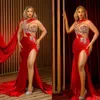 Red Plus Size Mermaid Prom Dresses Sexy Crystal Beading Tailor Made Evening Gowns High Thigh Split Robe De Mariee