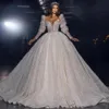 Dubai Sparkly Ball Gown Wedding Dresses Scoop Neck Long Sleeve Lace Appliques Wedding Bridal Dress