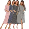 Frauen Nachtwäsche Roben Frauen Reißverschluss 3/4 Ärmel Housecoat voller Länge Ladies Stripe Loungewear mit Taschen S-XXL