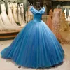 Quinceanera klänningar älskling av axelblå bollklänning med fjärilsapplikationer Sweet 16 Debutante Party Birthday Vestidos de 15 Anos 01