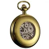 Pocket horloges retro zwart skelet Romeins nummer wijzerplaat Golden Case Round Face Analoge mannelijke Hand Wind Klok Men Mechanisch horloge /KSP034