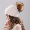 Beanies Beanie/Skull Caps Women's Hat Winter Beanie Knitted Angola Fur Bonnet Girl 's Fall Female Cap With Pom Fashion HatsBeanie/Skull