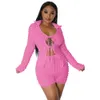 Designer Spring Tracksuits Women Bubble Outfits Two Piece Set Long Sleeve Bandage Cardigan Shirt and Shorts Sportswear Casual Solid Tracksuits Wholesale 9255