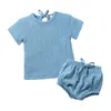 Kläder sätter nyheter baby pojkar flickor kläder bomullslinne set soild färg laceup pullover tshirt shorts med bältes barn kläder m