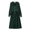 Casual Dresses Dress Women Pure Sailor Collar Button Long Sleeve Collect Waist Elegant Fashion Dark Green Clothing Fall 2023 Preppy Style