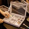 Jewelry Boxes Velvet Gray Carrying Case with Glass Cover Jewelry Ring Display Box Tray Holder Storage Box Organizer Earrings Ring Bracelet 230211