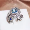 Clusterringen Luxe 925 Sterling Silver Vintage Feather Ring voor vrouwelijk Blue Crystal Open Party Birthday Juwelencadeau