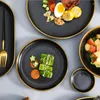 Plates Gilt Rim Black Porcelain Dinner Plate Set Kitchen Ceramic Tableware Dishes Rice Salad Noodles Bowl Cutlery
