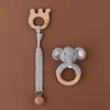 Baby Teethers Toys 1Set Crochet Bunny Baby Teether Rattle Safe Beech Wooden Teether Ring Pacifier Clip Chain Set born Mobile Gym Educational Toy 230211