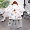 Sets Children's suit Clothing Summer Boy shortsleeved TshirtHole letter Denim shorts pcs of Kids Clothes set