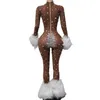 Women's Jumpsuits Trending Outfits White Fur Winter Shiny Diamond Jumpsuit Women Elegant Brown Performance Wear Birtaday Party Dresses