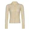 Женские футболки T 2023 Осенние женщины Сексуальная винтажная мода V -шея кнопка Y2K Посмотреть через белые повседневные топы с длинным рукавом эстетику