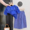 Pezzi estivi Completi di abbigliamento per ragazze Casual Risvolto anteriore Manica corta Top Pantaloni larghi a quadri Pantaloni per bambini Vestiti per bambini Completi per bambini