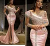 Party Dresses 2023 Arabic Women Beads Satin Evening Dubai Abiye Pink Illusion Long Sleeve Mermaid Formal Prom Gowns