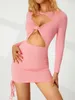 Freizeitkleider Damen Frühling Sommer Kurzes Kleid Einfarbig Langarm Hohlknoten Geraffte Kordelzug Clubwear Bodycon Mini Vestidos