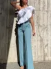 T-shirts Femmes Femmes Une épaule Volants Blouses recadrées Lady Pleat Elasticité Asymétrique Crop Shirt Top 2023 Summer Side Zipper Bl