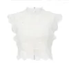 Женские футболки Женщина футболка бело -кружевные вязание крючком в крючковые вершины Женщины Лето сексуальные высокие шеи полость на молнии