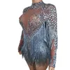 Stage Wear Designer See Through Tassel Sleeves Women Mesh One Piece Jumpsuits DS Dance Leotard Show Performance Costume Rhinestone Bodysuit