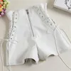 Women's Shorts Lace Up Leather Women Large Size Black White PU High Waisted Womens Sexy Korean Fashion Wide Leg