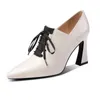 Dress Shoes High Heels Hoof Pumps Women Lace Up PU Leather Female Fashion Pointed Toe OL Autumn Black Talon Femme