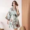 Women's Sleepwear Autumn Product Imitation Silk Ladies Single Robe Pajamas Homewear Printed Wide Version Long-sleeved Bandage Outer