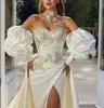 Eleganti abiti da sposa a sirena maniche a sbuffo scollo a V capestro con perline paillettes appliques spacco laterale treno staccabile abiti da sposa plus size vestido de novia personalizzato