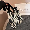 Cute Rabbit Printing Cotton Thread Tote Bag 2022 Women Shoulder Girl Shopper Fashion Large Capacity Knitting Lattice Handbag