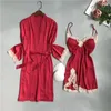 Vêtements de nuit pour femmes Kimono Robe Lady chemise de nuit Sexy Satin Robe de mariée ensemble dentelle maison Dressing printemps été vêtements de nuit sommeil