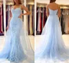 Light Sky Blue Mermaid Vestidos de baile largos para mujeres Black Girls Apliques de encaje con tren desmontable Vestido formal Fiesta de noche Vestidos de cumpleaños por encargo