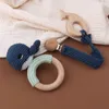 Baby Teethers Toys 1Set Crochet Bunny Baby Teether Rattle Safe Beech Wooden Teether Ring Pacifier Clip Chain Set born Mobile Gym Educational Toy 230211