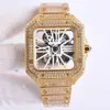 Yellow Gold Full Diamonds Large Skeleton Mens Watch Luxury Square Watches Quartz Stainless Steel Sapphire Crystal Water Resistance