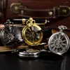 Zegarki kieszonkowe Retro czarny szkielet rzymski rozbiór złoty obudowa okrągła twarz analogowy męski zegar wiatrowy mężczyzna mechaniczny zegarek /KSP034