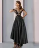 Elegant Black Evening Dresses Illusion Neck Asymmetrical Satin Lace Half Sleeve Prom Formal Gown High Low Robe de Soiree 2023 New