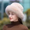 Womens Elegant Winter Real Rabbit Fur Hat Knitted Beanie Top Hat W Real Fox Fur Brim Cap