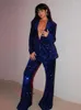 Tweede stuk broek Blauwe pailletten voor dames blazer Tops 2 Set Women Fashion Long Sleeve Rapel Coat Pakken Kantoor Lady Elegant High Taille