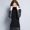 Women's Sweaters Women PU Sleeve Slim Turtleneck Sweater Elegant Ladies Patchwork Long Pullovers