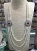 Chains Hand Knotted 3 Rows Necklace Natural 9-10mm White Freshwater Pearl Micro Inlaid Zircon Accessory 20-23inch