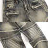 Jeans masculinos Spring e Summer Patchwork Men algodão Alto trecho de calças finas Pontas de moto com zíper plissado 230211