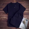 Jogging Clothing Summer Cotton Linen V Neck Black White Sets For Male Plus Size M-8XL Loose Fit Two Piece Set Man