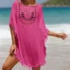Robe de plage en tissu polyester pour femmes, dissimulation de maillots de bain d'été stcy1331, robes de plage d'épissure de couleur unie, petit pompon, protection solaire, blouse de plage courte et sexy