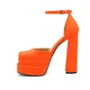 Sandals 2023 Summer Bright Orange Rose Color Closed Toe Women Pumps Shoes Block High Heeled Sexy Platform Party Bride Heels