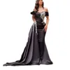 2023 Sexy Black Evening Dresses Wear Mermaid Off Shoulder Short Sleeves Silver Crystal Beading Overskirts Floor Length Satin Open Back Party Dress Prom Gowns