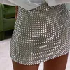 Skirts Rhinestone Mini For Women Clothes Sexy Split See Through Hollow Out Shiny Crystal Diamonds Solid